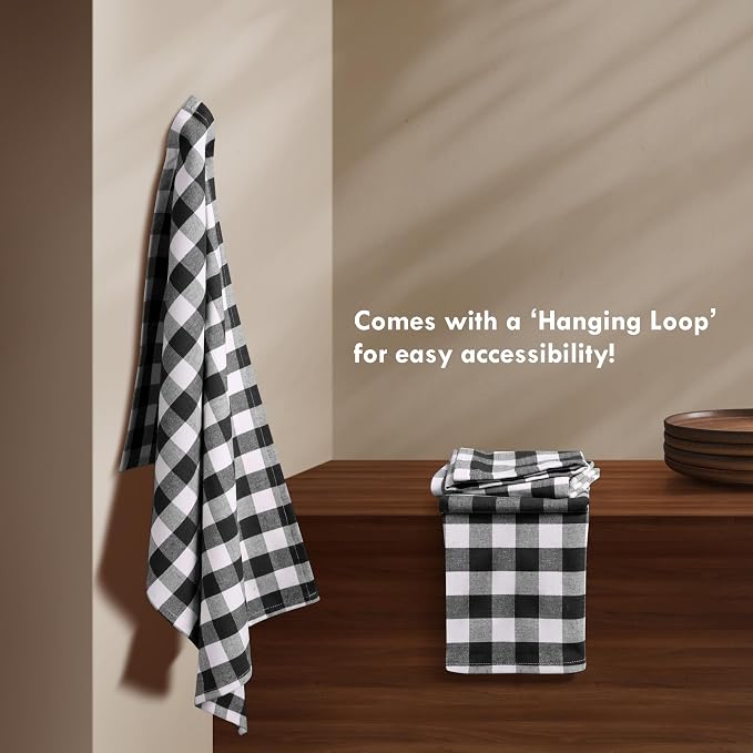 4 Pack Gingham Buffalo Check Kitchen Dish Towels 100% Cotton 16x26 Inches - Super Absorbent Quick Drying Hand Tea Towels, Restaurant Cleaning Towels with Hanging Loop, Black White