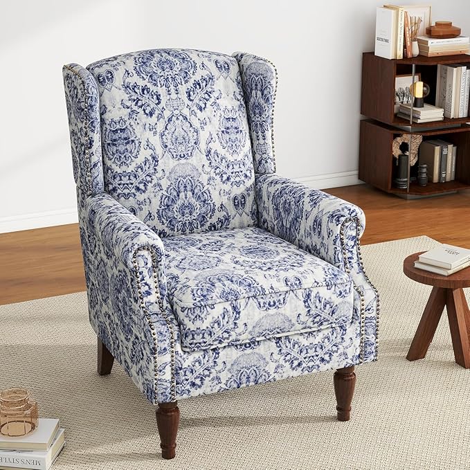 High Back Accent Chair, Fabric Upholstered Armchair for Living Room, Floral Wingback Chair with Retro Solid Wood Legs, Nailhead Trim Single Sofa Bedroom Reading Seat - Navy Blue
