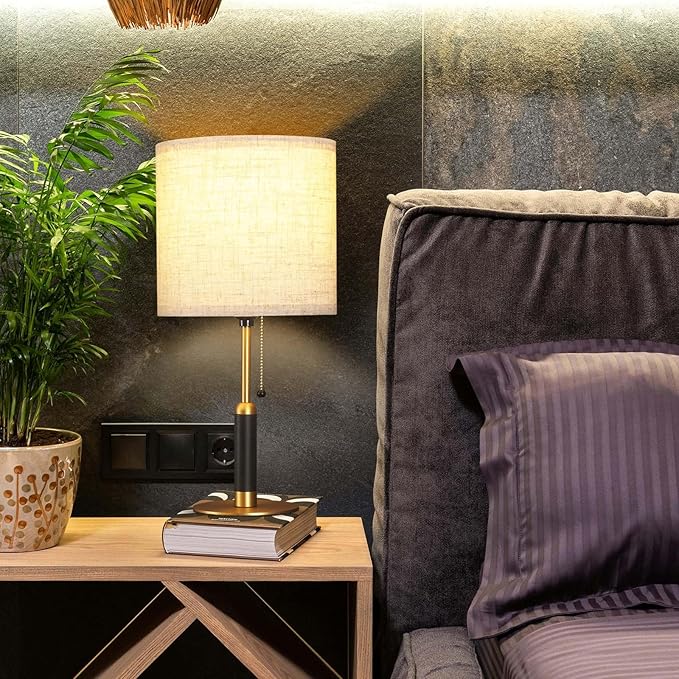 18.9" Mid Century Bedside Table Lamp for Nightstand with Pull Chain, 3-Color Lamp for Bedroom, Living Room, Solid Wood/Metal/Fabric Small Lamps for Home Office Room Decor (Light Brown+Brass)