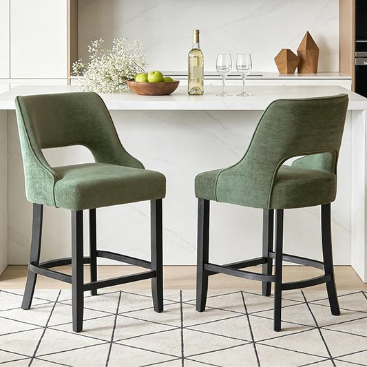 ClinQ Bar Stools Set of 2, 26" H Counter Height Bar Stools with Backs, Modern Upholstered Accent Barstools with Curved Footrest for Kitchen Island, Dining Room and Bar, Green-Black Legs