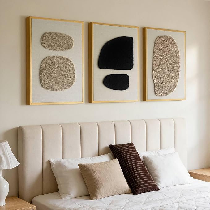 3D Textured Wall Art Bedroom, Set of 3 Abstract Geometric Minimalist Picture, Framed Linen Canvas Artwork for Living Room Office