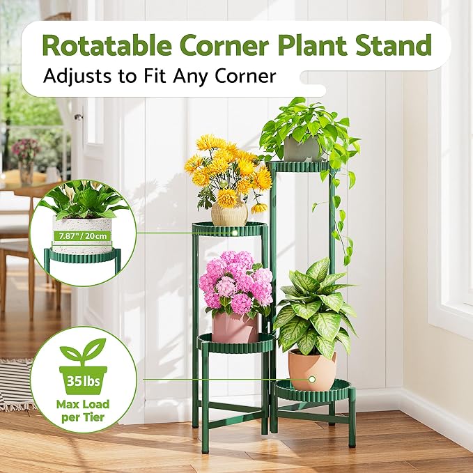 4-Tier Metal Plant Stand Indoor Outdoor, Corner Tall Plant Shelf for Multiple Plants, Foldable Plant Stand, Heavy Duty Flower Stand Holder for House Living Room Balcony Garden Patio -GreenFloroma