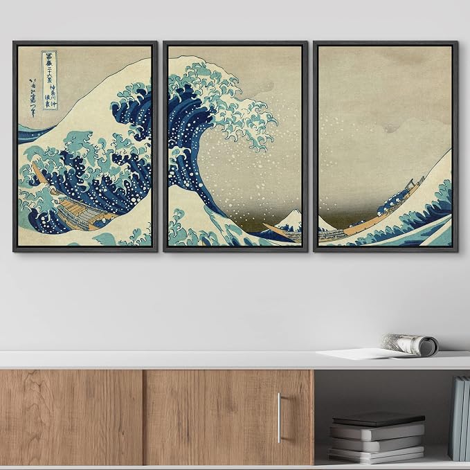 wall26 Framed Canvas Print Wall Art Set The Great Wave Off Kanagawa by Hokusai Cultural Historic Oil Painting Fine Art Reproduction Scenic Colorful for Living Room, Bedroom, Office - 24"x36"x3 Black