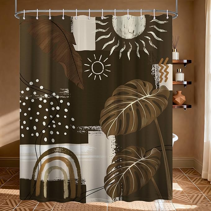 Dark Brown Mid Century Modern Shower Curtain Boho Abstract Khaki Earth Tone Shower Curtains for Bathroom Decor Sets, Waterproof Cloth Fabric with Hooks, 72 x 84 Inch