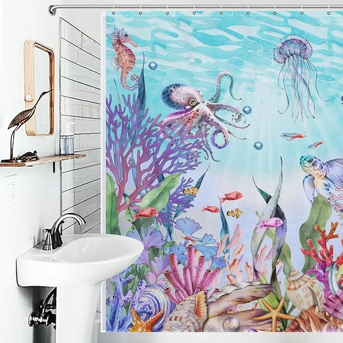Nautical Coastal Shower Curtain,Ocean Themed Coral Seashell Beach Starfish Seahorse Summer Blue Underwater Animal Polyester Fabric Bathroom Decor Set with Hooks,72x72Inch