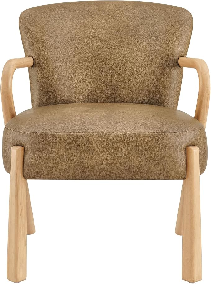 Modway Arden Faux Leather Upholstered Accent Armchair in Toast – Mid-Century Modern Lounge Chair with Curved Wood Frame