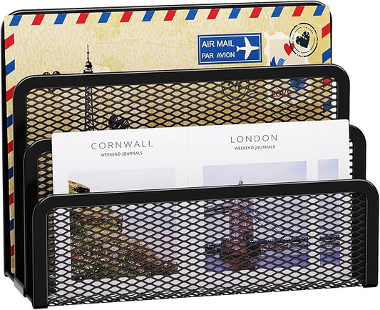Marbrasse Mail Organizer for Desk, 3-Slot Mesh Metal Mail Holder countertop, Letter Holder, Office Desktop Envelope and Document Storage Rack (Black)