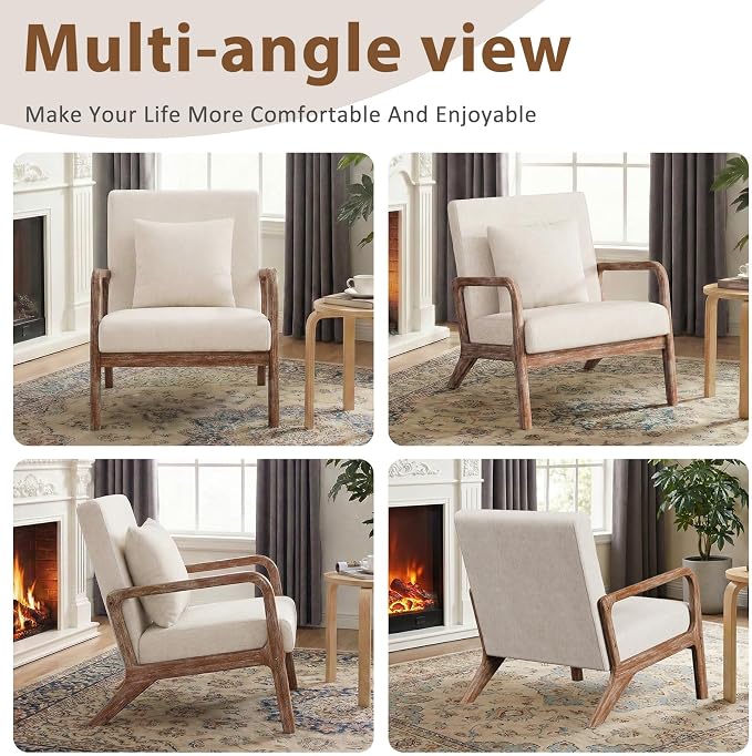 Mid Century Accent Chair with Solid Wood Frame Set of 2, Upholstered Lumbar Pillow Lounge Chair Beige Linen Fabric Cozy Leisure Chair Relaxing Retro Living Room Chair for Bedroom Waiting Room