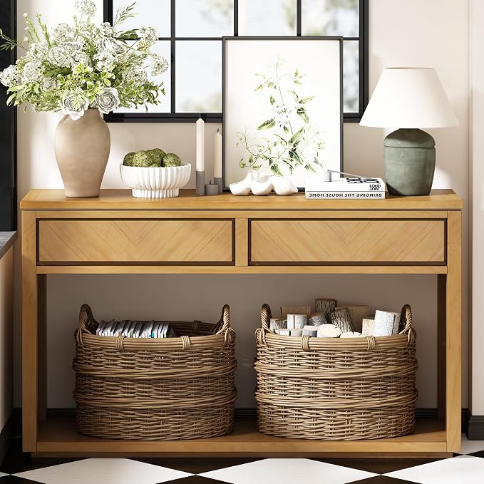 Wood Console Table, 55" Retro Narrow Long Sofa Table Behind Couch with Storage Drawers and Open Shelf for Hallway Entryway Living Room Entrance, Natural
