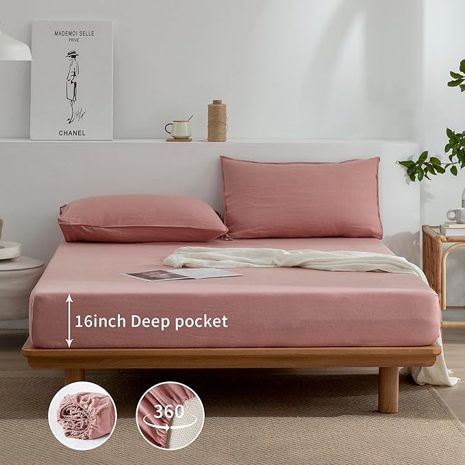 EVERLY Linen Queen Sheets Set, 100% Stonewashed French Linen Bed Sheets Deep Pocket Sheets, 4 Pieces (1 Flat Sheet, 1 Fitted Sheet, 2 Pillowcases) Natural Flax Bedding Set,Pink