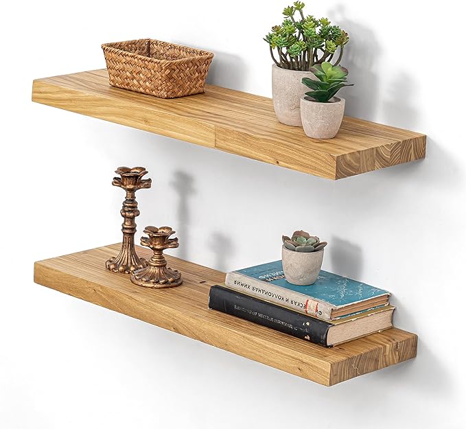 Dreamland 8inch Shelves for Wall 18"x8" Set of 2 - Flat Edge Rustic Solid Elm Wood Shelves with Invisible Brackets, Wall Mounted Shelves for Living Room, Kitchen, Office Decor, Natural Finish
