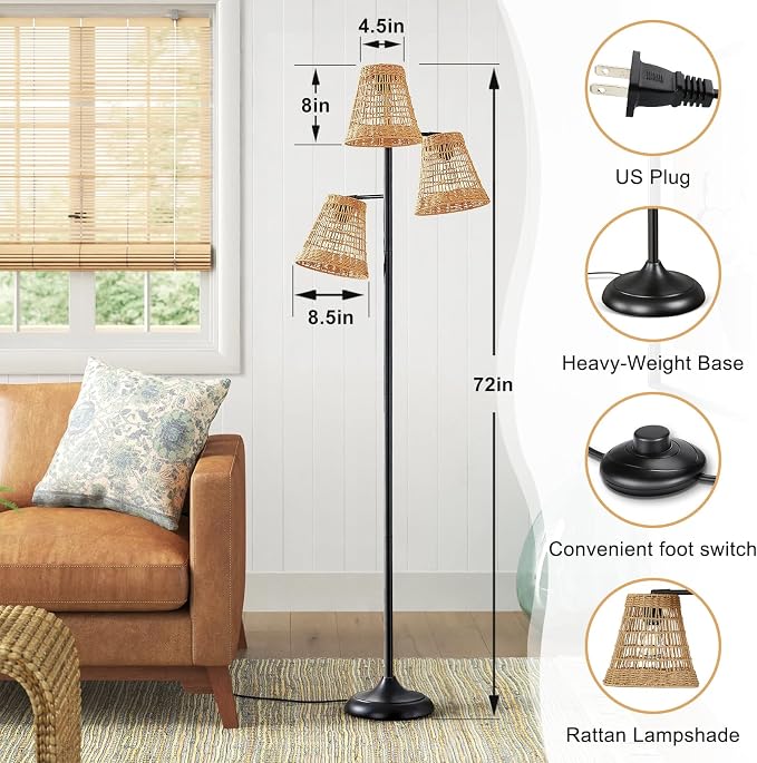 Maxax 72" Boho Rattan Floor Lamp for Living Room, 3-Lights Tree Floor Lamps, Tree Farmhouse Industrial Black Standing Lamp with Woven Shade for Bedroom, House