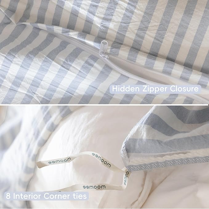 MooMee Striped Duvet Cover Set 100% Washed Cotton Linen Like Textured Breathable Durable Soft Comfy (Cornflower Blue White Classic Stripes, Super King Plus 120"x120")