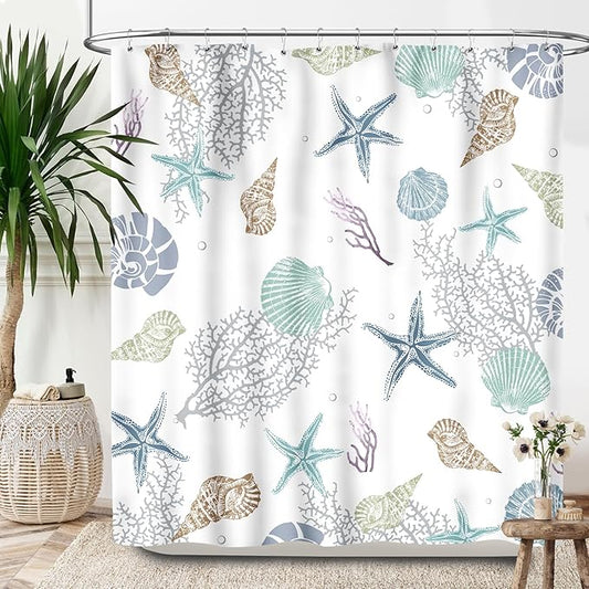 Nautical Coastal Shower Curtain,Summer Coral Starfish Seashell Blue Ocean Beach Shower Curtains for Bathroom Waterproof Polyester Fabric Bathroom Curtain with Hooks,72x72Inch