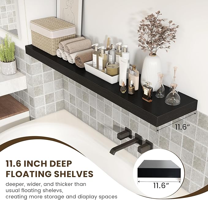 12 Inch Deep Floating Shelves | 55 Inch Black Floating Shelves | 55" W x 12" D Rustic Wood Shelves for Wall | Deep Black Shelves for Living Room Bathroom Laundry Room Kitchen