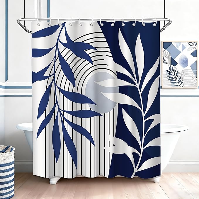 Navy Blue Shower Curtain Boho Mid Century Modern Blue and White Shower Curtain for Bathroom Decor Sets, Waterproof Fabric with Hooks, 70" W x 72" L