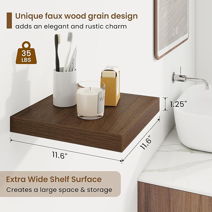 Square Floating Shelves for Wall, 11.5"W x 11.5"D x 1.25"H, 3 Pack Small Wall Mounted Engineered Wood Shelves with Invisible Brackets for Living Room, Bedroom, Bathroom, Kitchen Decor, Walnut