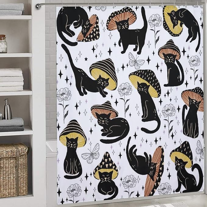 Cat Shower Curtain,Retro Funny Mushroom Star Floral Gothic Print Bathroom Curtain Polyester Waterproof Fabric Decor 72x72in（183x183cm）