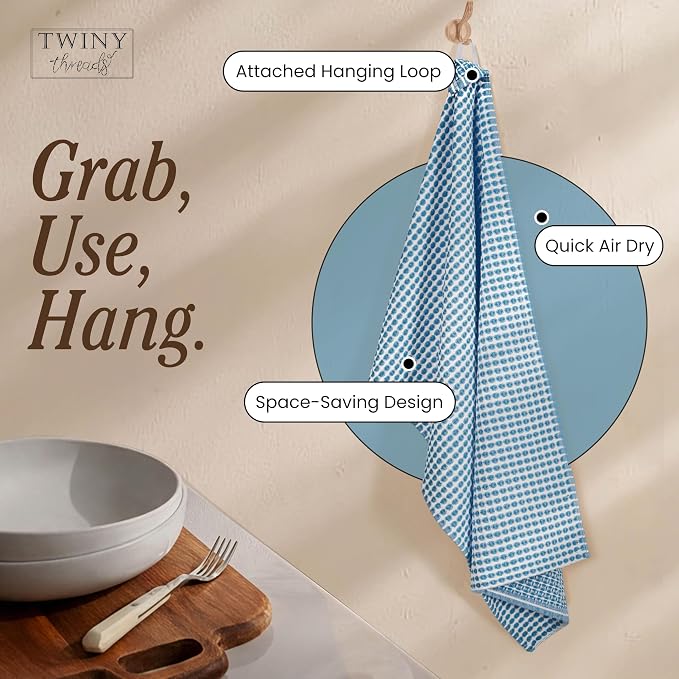 TWINY threads Circle Waffle Dish Towels 4 Pack, 16x26 Inches, 100% Cotton, Premium, Heavy Duty, Soft Touch, Waffle Weave Tea Cloths, Excellent for Wiping Counters, Washing Dishes, Turquoise Blue