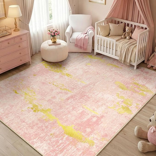 Washable Area Rugs 5'x7' Non-Slip Modern Abstract Soft for Living Room Entryway Bedroom Nursery, Print Pattern, Pink Gold/Golden