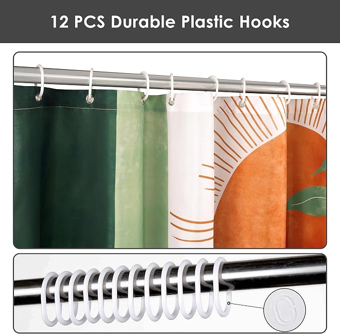 Mid Century Abstract Boho Aesthetic Shower Curtain Set, Green Nature Leaf Sun Modern Minimalist Home Bathroom Curtain Decor with 12 Hooks 84 Inch Wide * 72 Inch High