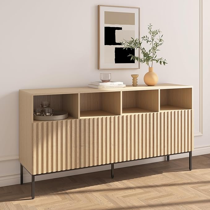 Oxford Fluted Storage Cabinet, Sideboard Buffet Credenza with Doors, Accent Console for Living Dining Room, Entryway, Natural Oak