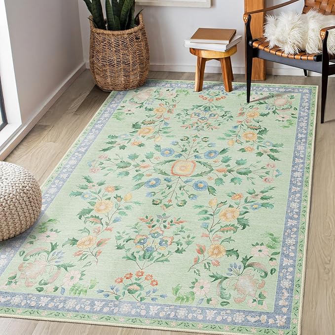 MUJOO Washable 3x5 Rug,Green Floral Area Rugs for Bedroom Bedside Entryway Living Room Kitchen,Small Boho Indoor Floor Rug Non Slip Throw Carpet Low Pile Vintage