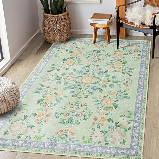 MUJOO Washable 3x5 Rug,Green Floral Area Rugs for Bedroom Bedside Entryway Living Room Kitchen,Small Boho Indoor Floor Rug Non Slip Throw Carpet Low Pile Vintage