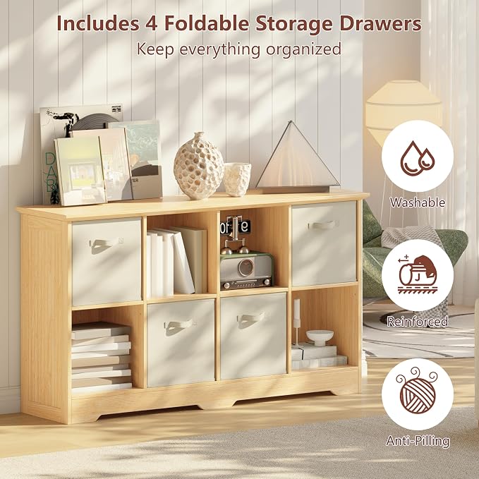 VORONOI 8 Cube Storage Organizer with 4 Fabric Drawers and Removable Shelves — Modular Cube Bookshelf for Bedroom, Living Room, or Home Office, Short Cube Bookcase for Toys, Decor,Natural Wood