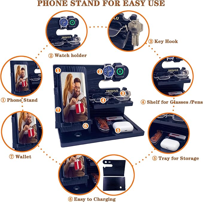 VEIYAILU Gifts for Dad Men Mom Women from Daughter Son Birthday Gifts Nightstand Organizer Mens Wood Phone Docking Station (Black)