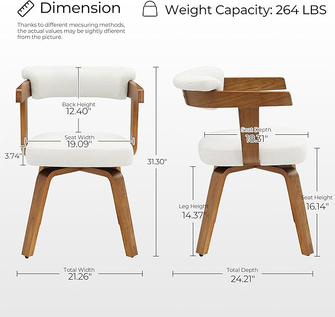 Art Leon Office Chair No Wheels - Mid Century Modern Desk Chair, Fabric Upholstered Accent Arm Chair with Wood Legs for Small Spaces Home Office Living Room Bedroom Study, Off White/Walnut