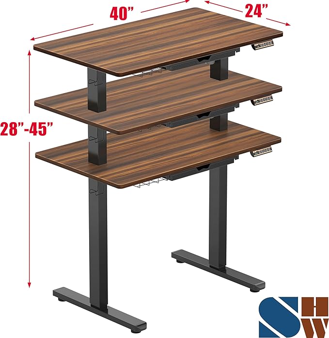 SHW 40-Inch Electric Height Adjustable Standing Desk with Drawer, Memory Preset and Cable Management Tray, Walnut