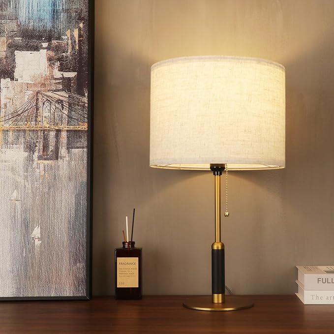 21" Mid Century Modern Table Lamp with Pull Chain Switch, 3-Color Light Bedside Lamps for Bedroom Living Room, Solid Wood/Metal/Fabric Nightstand Lamp for Home Office (Light Brown+Brass)