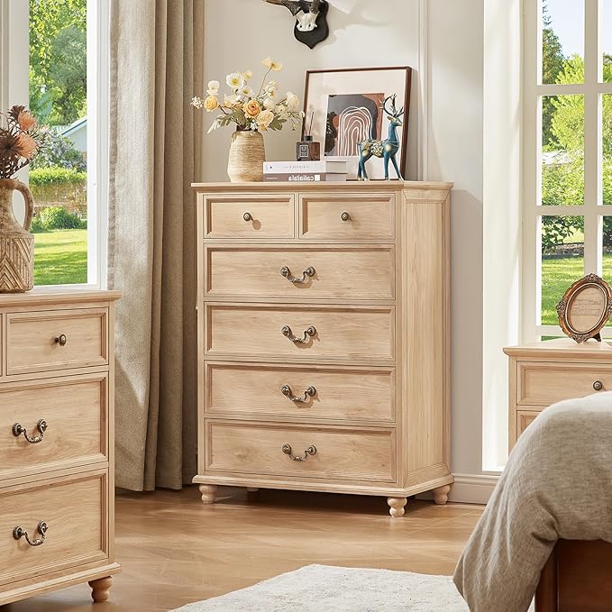 Farmhouse 6 Drawer Dresser Set of 2 for Bedroom, 42" Tall Rustic Chests of Drawers w/ 4 Solid Wood Feet, Mid Century Vintage Wooden Closet Storage Dressers Organizer for Living Room,Natural