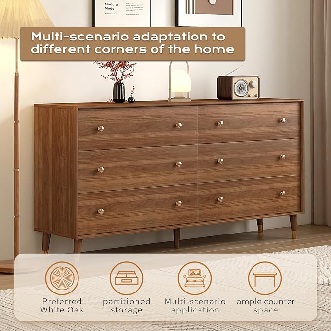 6 Drawer Dresser for Bedroom, 55 Inch Walnut Dresser for Closet, Mid Century Wood Chest of Drawers with Natural Texture & Pre-Embedded Slots for TV Stand, Living Room, Hallway, Office