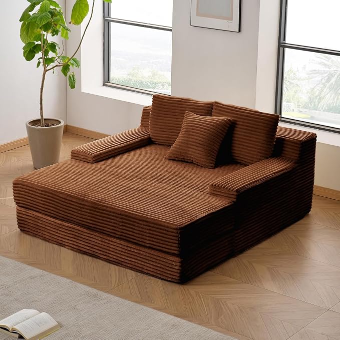 Boneless Chaise Lounge Chair Indoor - 59" Oversized Corduroy Floor Boneless Loveseat Sofa Couch for Living Room, No Assembly Required,Brown