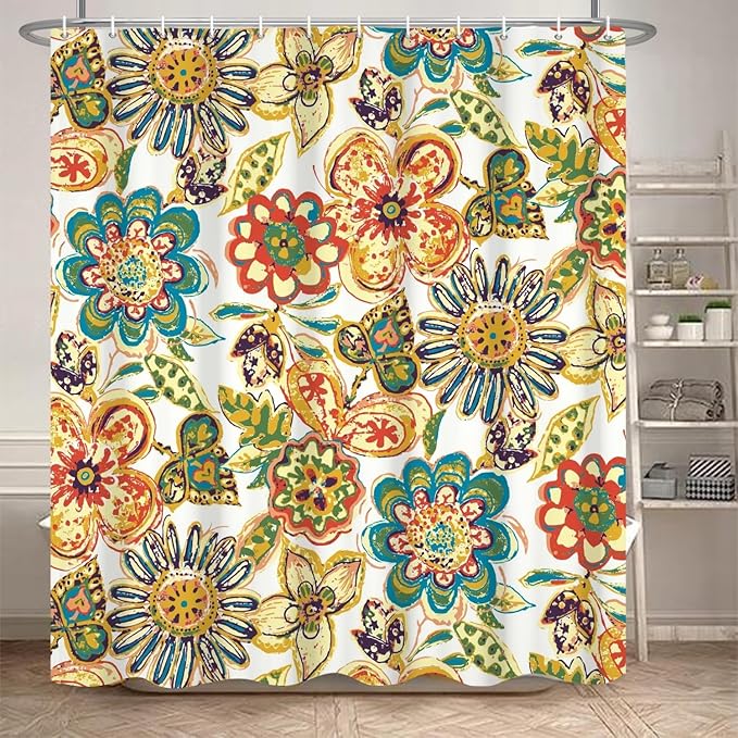 Boho Floral Bathroom Shower Curtain - Retro Funky Bohemian Flower Colorful Waterproof Durable Fabric Artistic Home Decor Shower Curtain with Hooks, 65x72 Inch