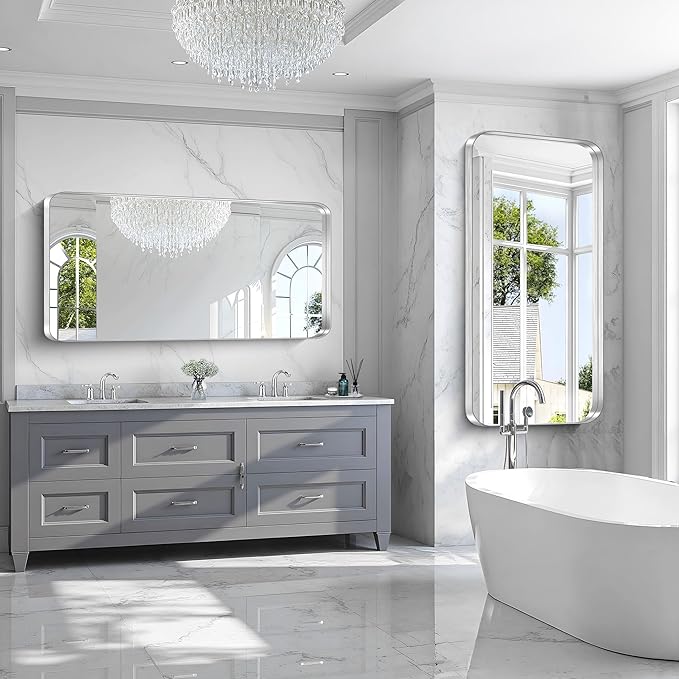 CIRCUMI Silver Bathroom Mirror, 30"x60" Rectangular Mirror with Deep Metal Frame, Rounded Corner, Tempered Glass, Large Mirror for Wall, Over 2 Sinks, Installed Vertically/Horizontally, Crystal-Clear