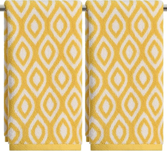 Artoid Mode 2 Pcs Beige Yellow Diamond Grid Jacquard Hand Towels for Bathroom, 100% Cotton Soft Absorbent Bathroom Decor Towels, 13.7 x 29.5 Inch