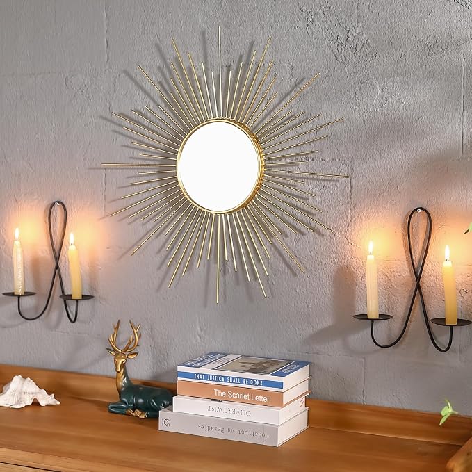 24'' Large Gold Sunburst Mirror, Metal Starburst Mirrors, Mid-Century Modern Sun Mirror Wall Decor for Living Room, Bedroom, Bathroom, Hallway, and Entryway
