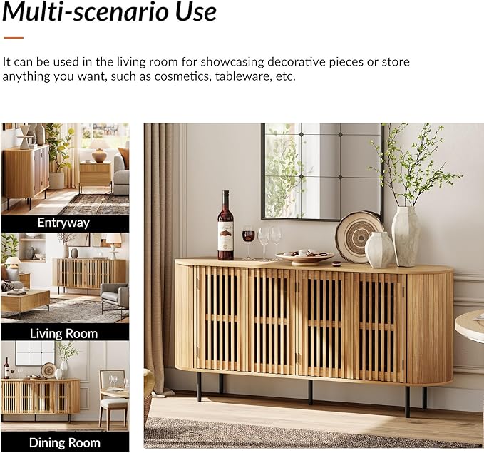 WAMPAT Sideboard Buffet Cabinet with 4 Fluted Doors,64" Wood Accent Storage Cabinet with Curved Design,Mid-Centery Modern Credenza for Dining Room,Kitchen,Hallway,Oak