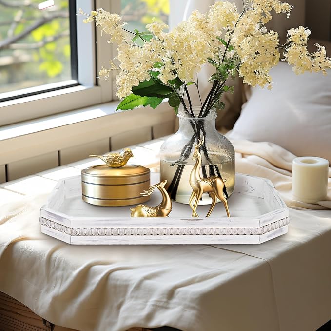 MAONAME Wood Serving Tray, Farmhouse Wooden Tray for Coffee Table, Octagonal Beaded Trays, Vintage White Decorative Trays for Living Room, Kitchen, 15.7" X 10.2" X 1.6"