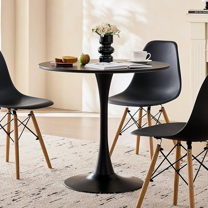 31.5" Round Dining Table for 4 Modern Circle Tulip Table with Metal Tulip Pedestal Base for Kitchen Dining Living Room Apartment Small Space Cafe, Black