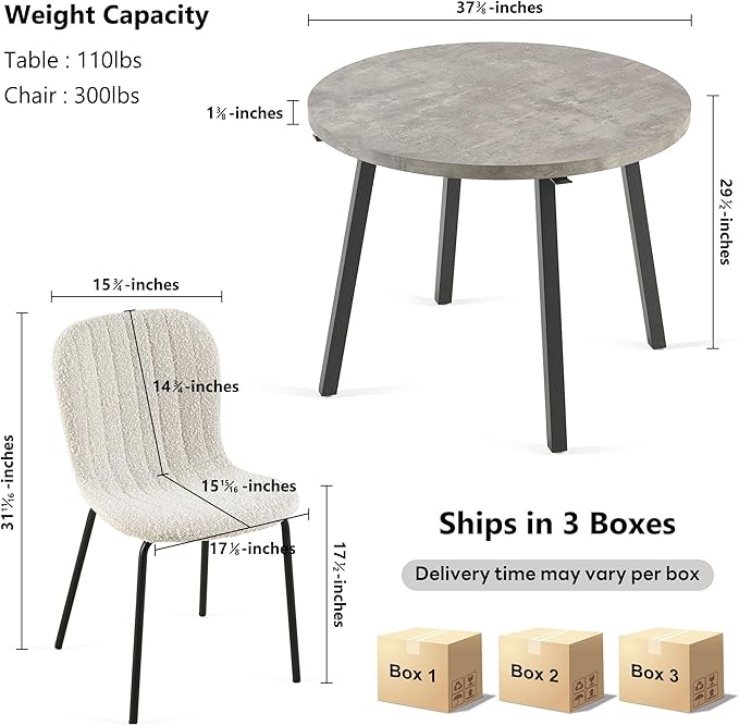 NORDICANA 4-Person Round Dining Table Set for Small Spaces, Industrial Style 37.4 Dia Grey Engineered Wood Kitchen Table with Boucle Dining Side Chairs, Biege,