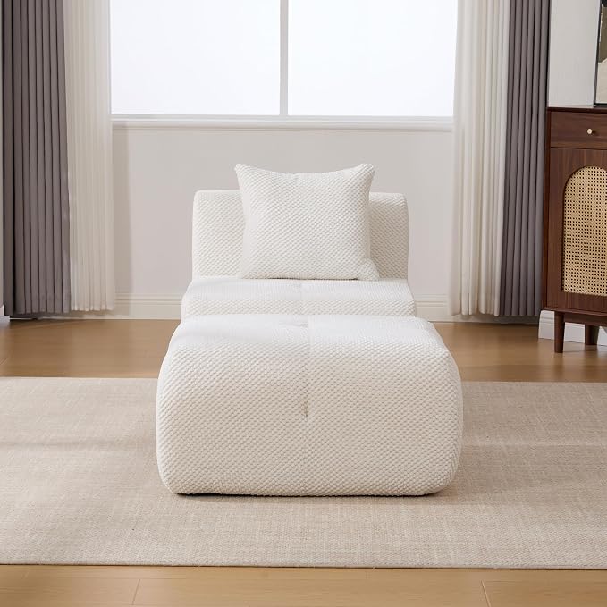 31" Minimalist Style Armless Accent Chair with Ottoman,Modern Boneless Deep Seat Single Sofa with Pillow,Comfortable Chaise Lounge,No Assembly Required for Apartment,Living Room,Bedroom,Ivory