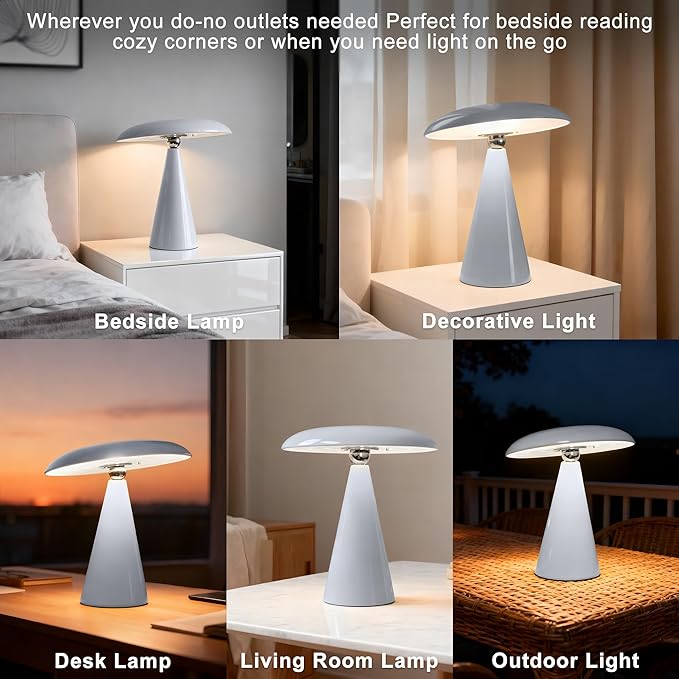 Mushroom Lamp Mid Century Modern Table Lamp, LED Cordless Rechargeable Bedside Light, Dimmable Touch 3-Color Temp, Retro Small Lamp for Bedroom, Living Room，Aesthetic Decor(Gray)