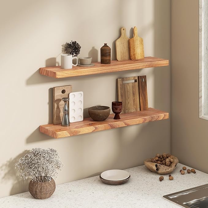 Fun Memories 36 Inch Floating Shelves, Rustic Solid Wood Wall Shelves Set of 2, 8 Inch Deep Floating Shelf for Bathroom, Bedroom, Heavy-Duty Wooden Shelf Wall-Mounted for Home Decor & Storage