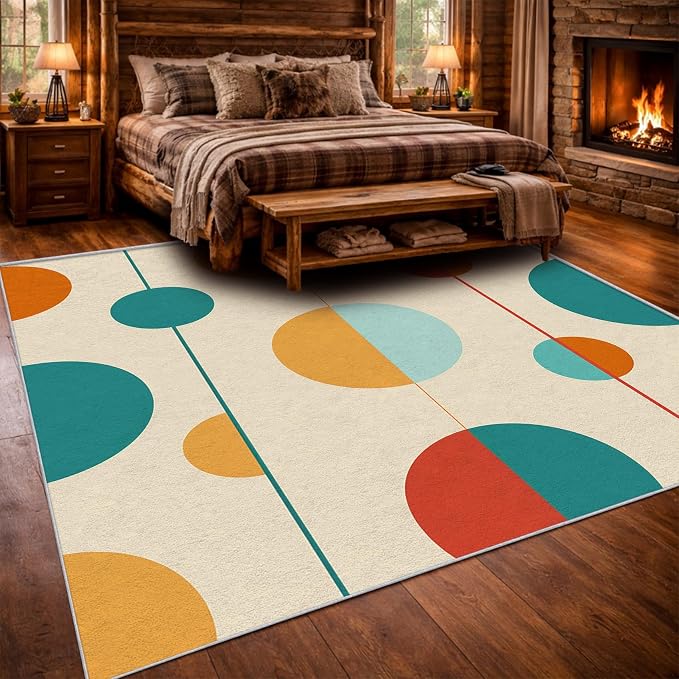 Mid Century Modern Area Rug 8x10, Washable Non Slip Low Pile Abstract Geometric Carpet for Living Room Bedroom Dining Room, Minimalist Retro Circle Accent Rug, Ivory Teal Mustard Orange