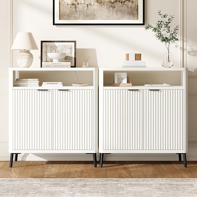 Buffet Sideboard Cabinet with Storage Set of 2, Fluted Coffee Bar with 2 Doors and Adjustable Shelves, 34'' Modern Wood Cabinet for Dinning Room, Kitchen, Living Room,Coffee Bar (White)