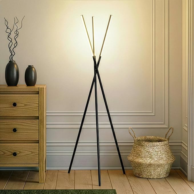 Brightech Stix LED Tripod Floor Lamp for Living Room - Dimmable Modern Standing Lamp, with 3 Lights for Bedroom - Contemporary Office Lighting- Black